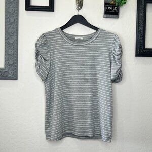 Plione Grey/White Stripe Shirt with Ruffled Sleeves - Size L